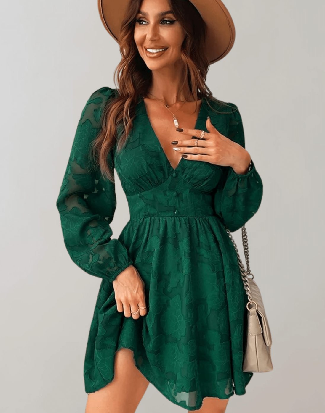 Women's Floral Jacquard V-Neck Long Sleeve Cocktail Dress, Green