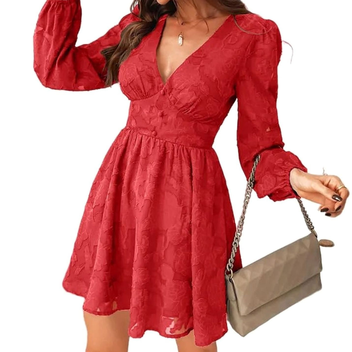 Women's Floral Jacquard V-Neck Long Sleeve Cocktail Dress, Green - Red