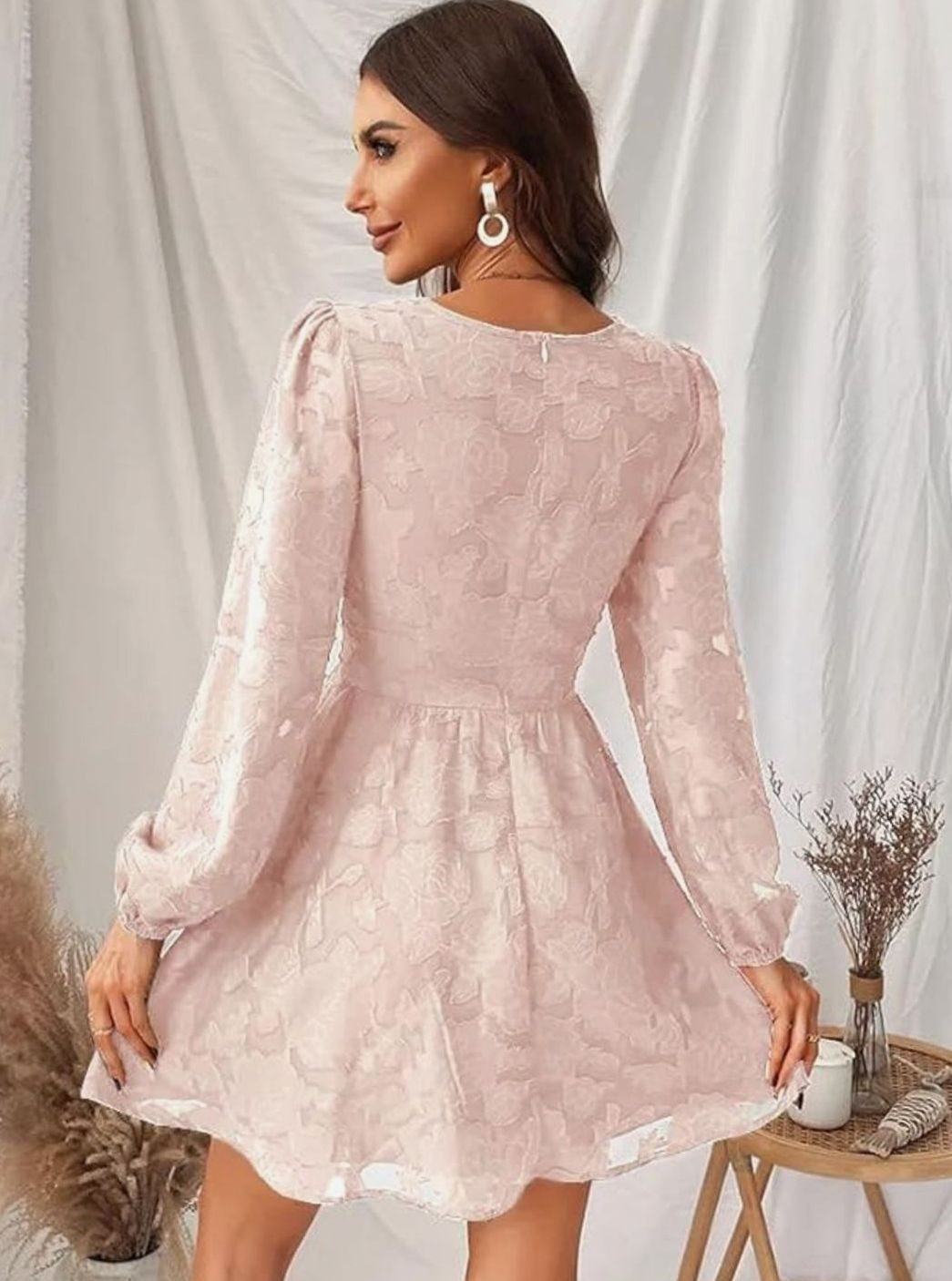 Women's Floral Jacquard V-Neck Long Sleeve Cocktail Dress, Green