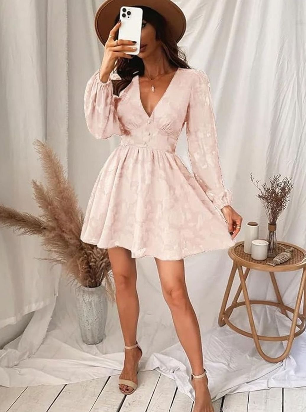Women's Floral Jacquard V-Neck Long Sleeve Cocktail Dress, Green