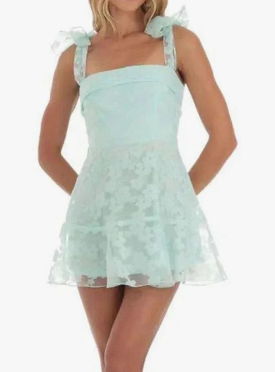 Women's Floral Lace A-Line Mini Wedding Guest Dress - Mint Green