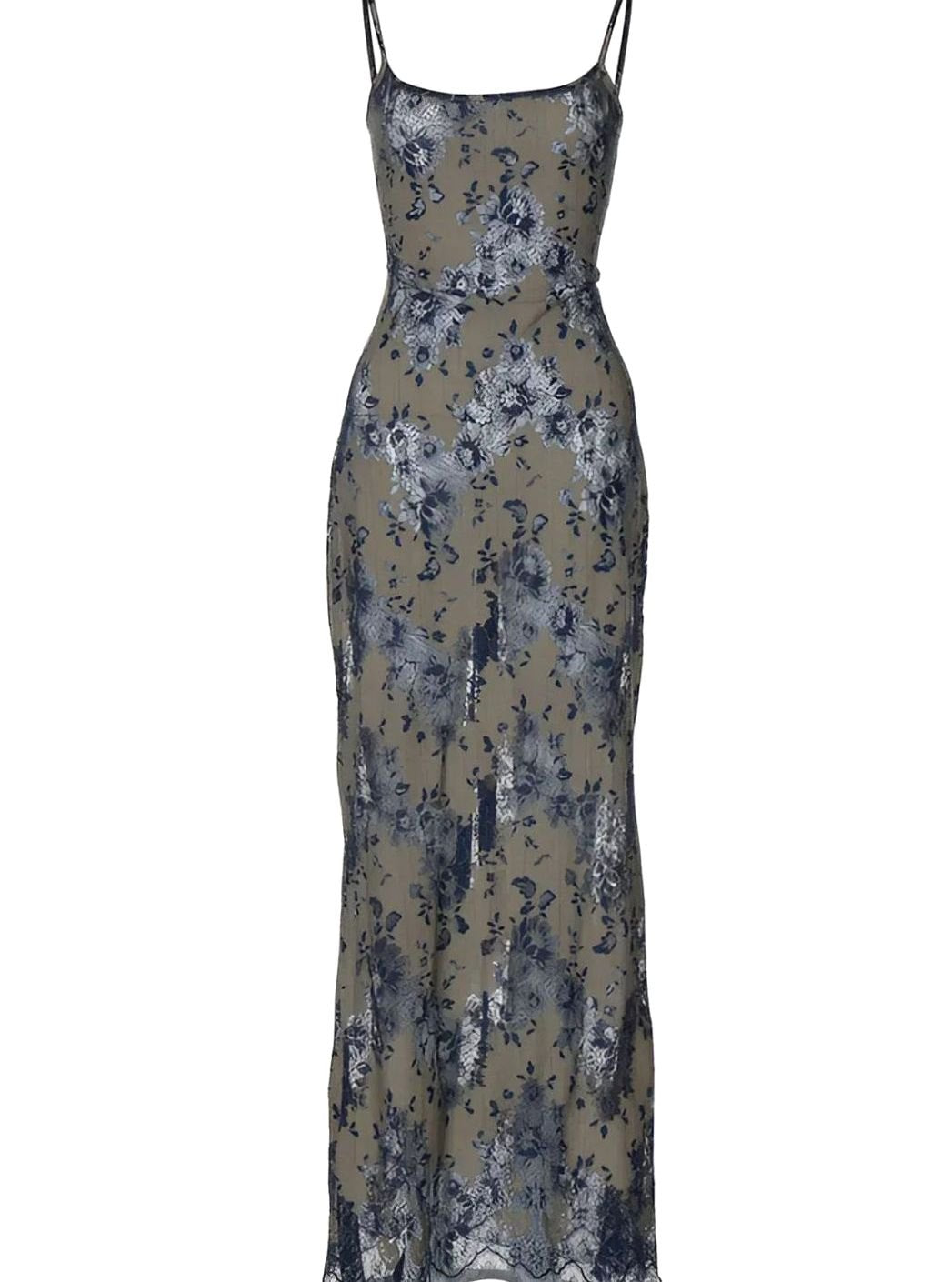 Women's Floral Lace Backless Thin-Strap Maxi Dress
