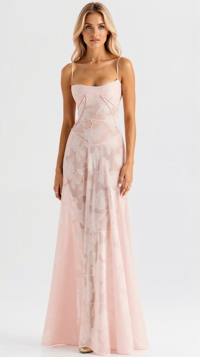Women's Floral Lace Bustier Wedding Guest Dress Maxi Gown - Pink