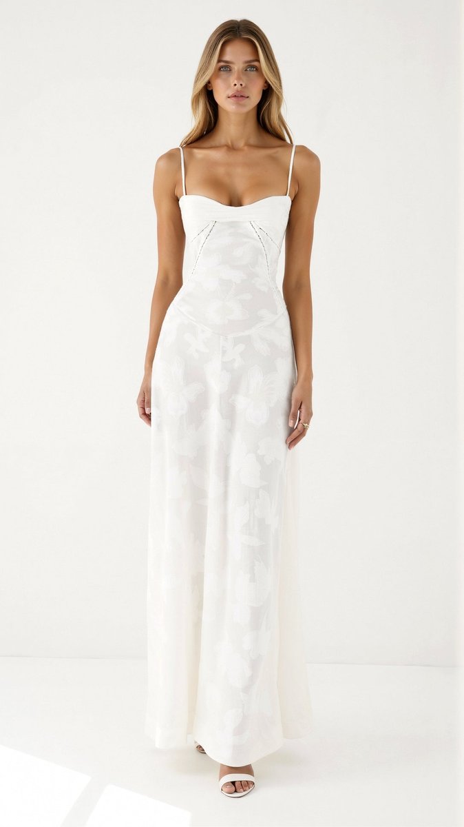 Women's Floral Lace Bustier Wedding Guest Dress Maxi Gown - White