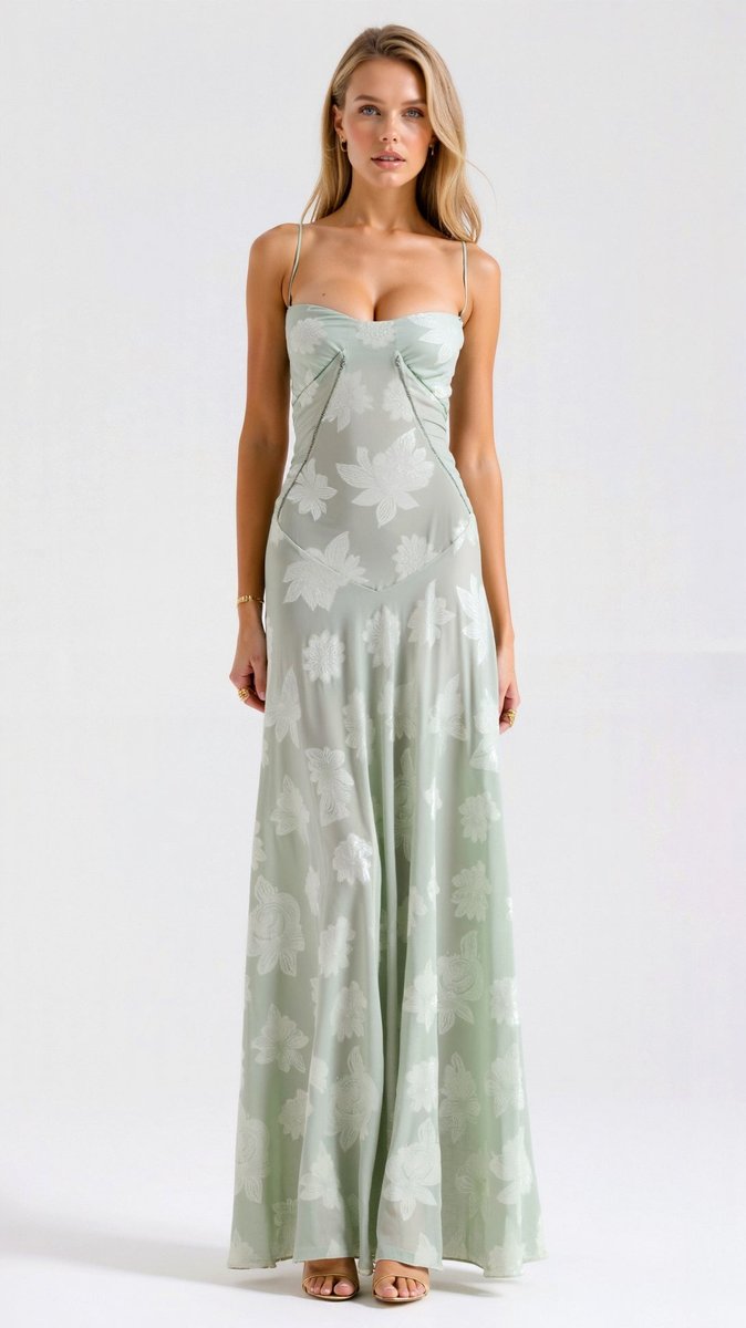 Women's Floral Lace Bustier Wedding Guest Dress Maxi Gown - Green