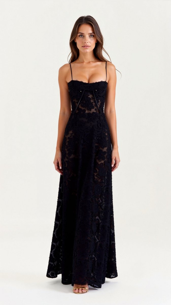 Women's Floral Lace Bustier Wedding Guest Dress Maxi Gown - Black