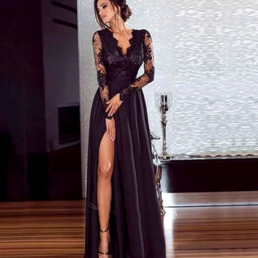 Women's Floral Lace Long-Sleeve Maxi Evening Dress High Slit