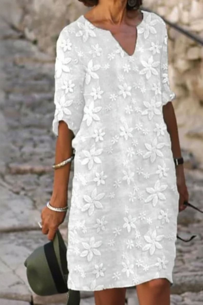 Women's Floral Lace Midi Evening Gown V-Neck Dress - White