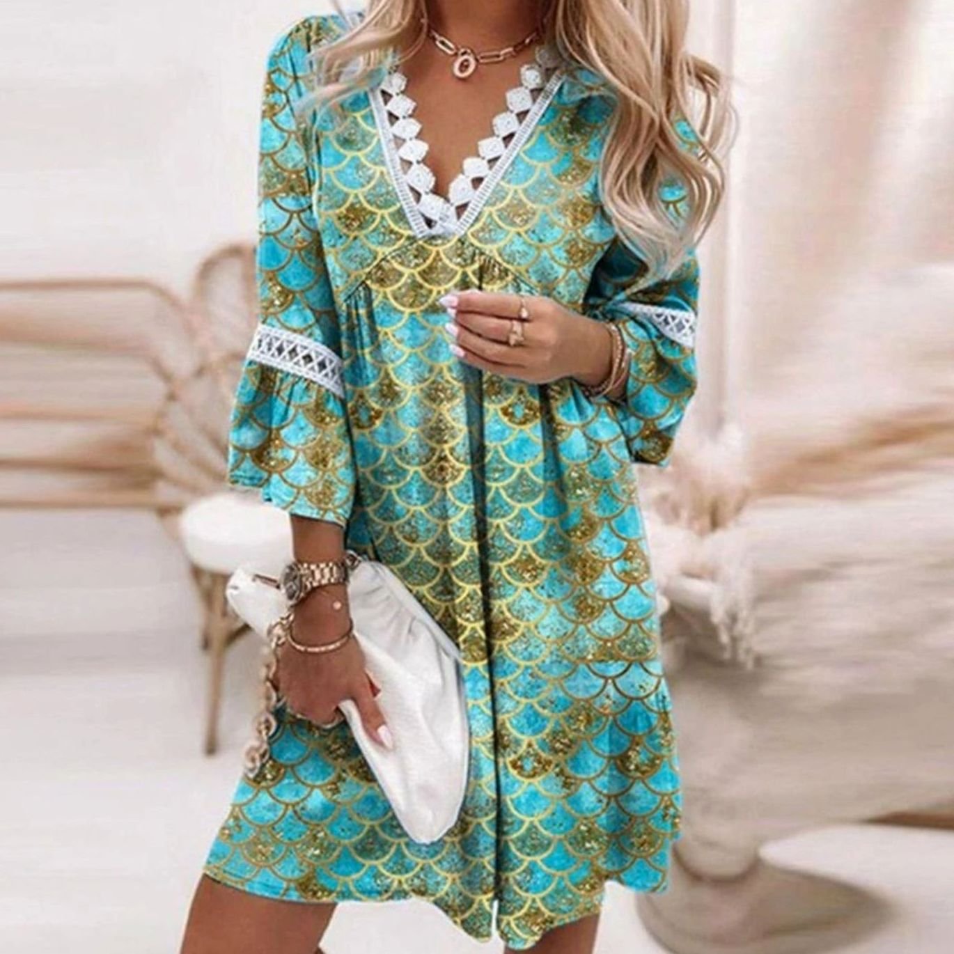 Women's Floral Lace-Trim V-Neck A-Line Mini Dress - Green