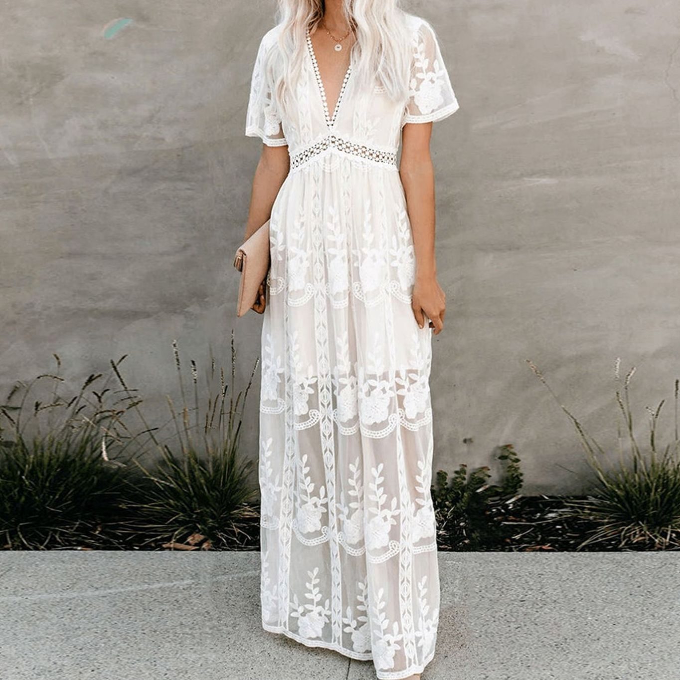 Women's Floral Lace V-Neck Maxi Sundress - White