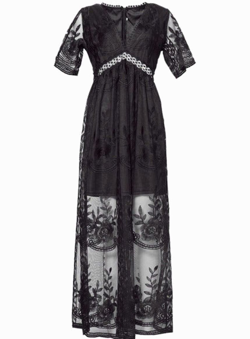 Women's Floral Lace V-Neck Maxi Sundress - Black