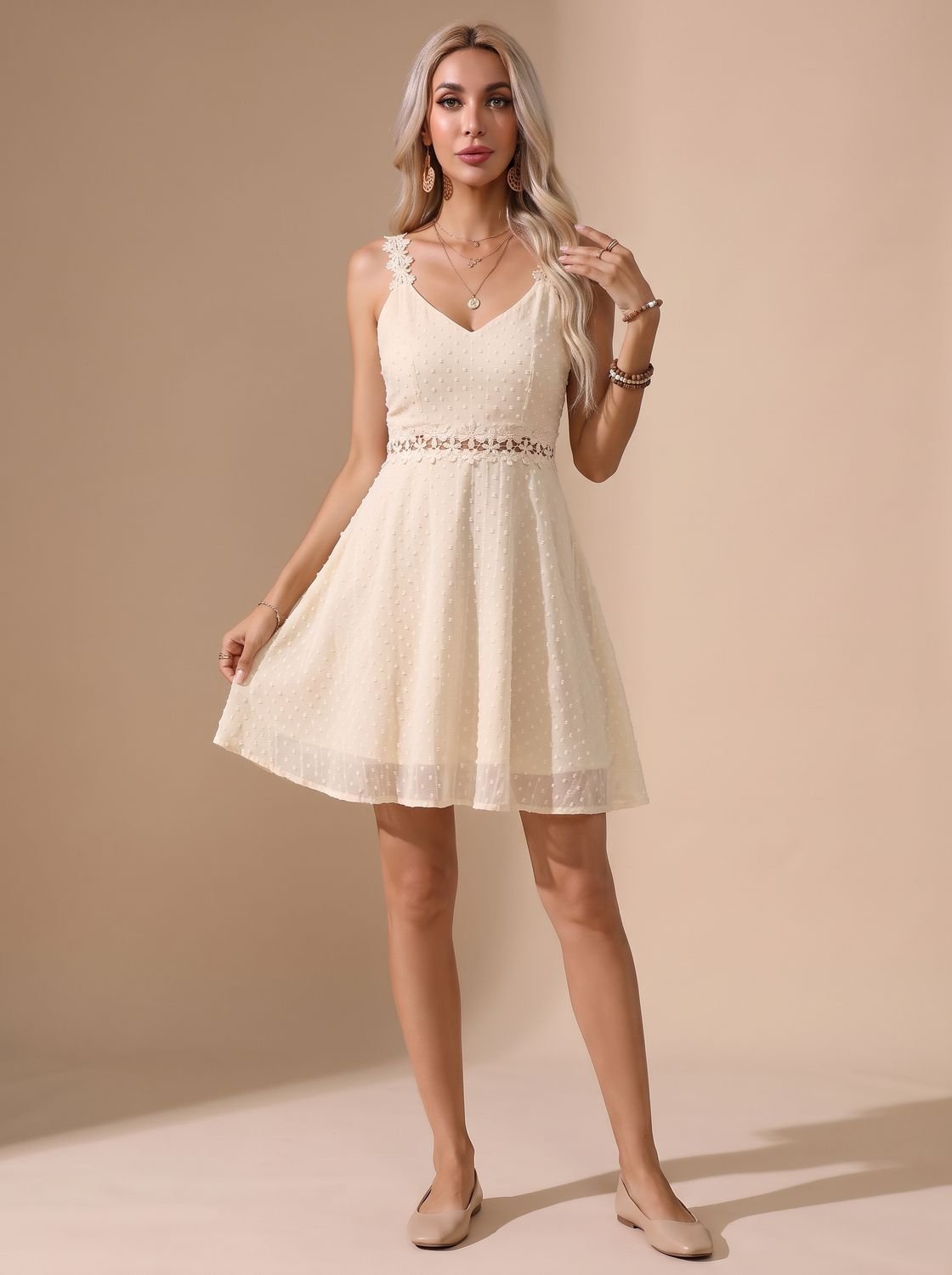 Women's Floral Lace-Waist Spaghetti Strap A-Line Mini Dress - Apricot