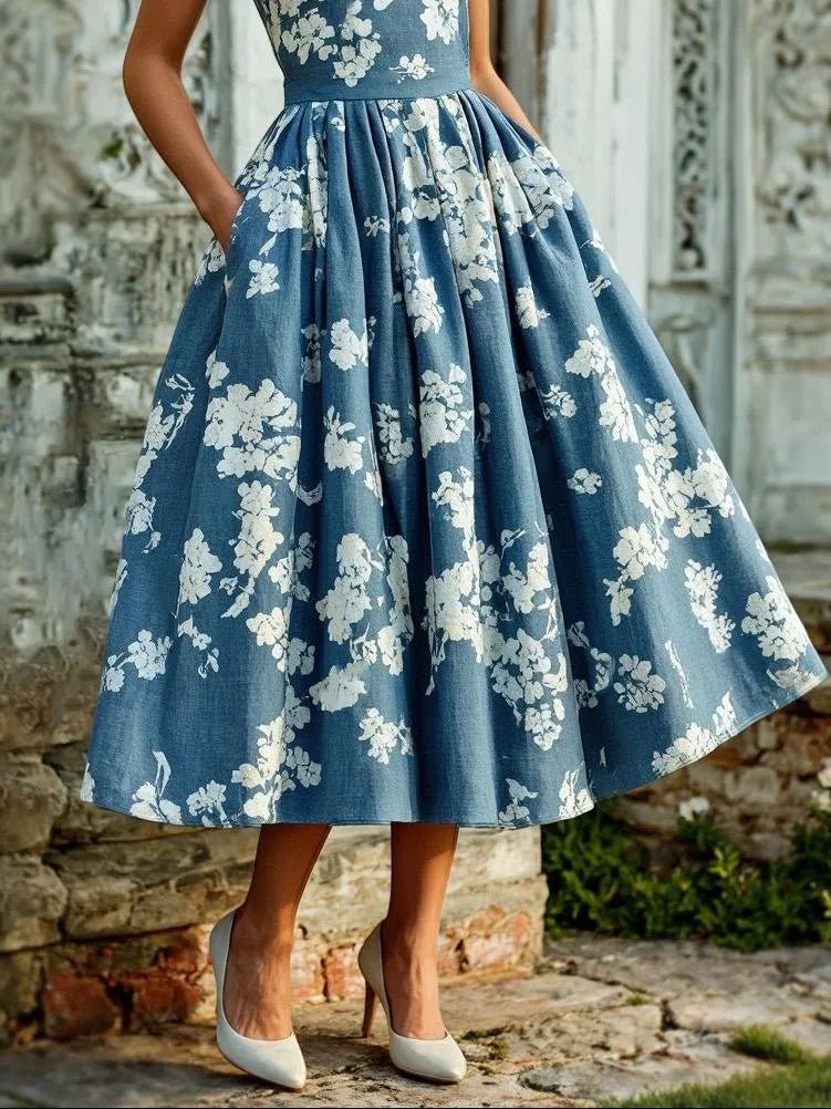 Women's Floral Linen Cotton Blend Sleeveless Midi Dress