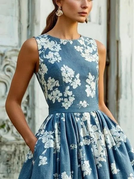 Women's Floral Linen Cotton Blend Sleeveless Midi Dress