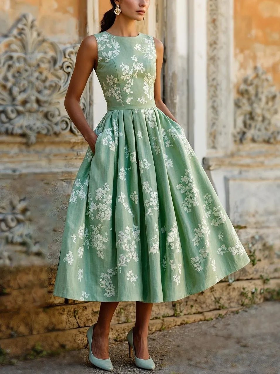Women's Floral Linen Cotton Blend Sleeveless Midi Dress - Green