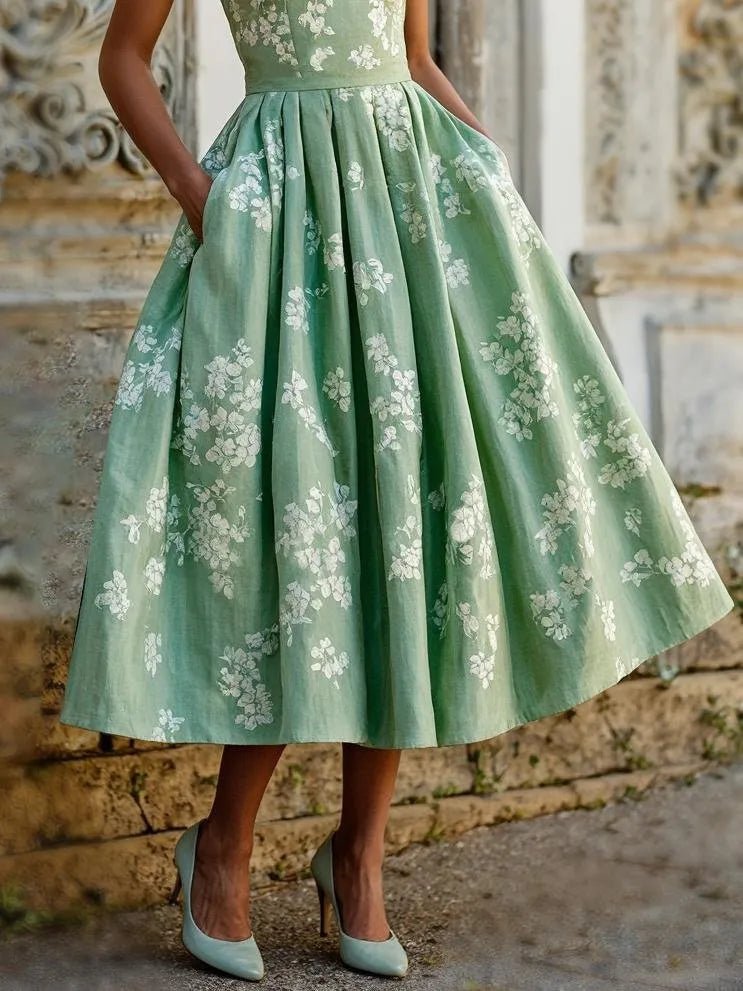 Women's Floral Linen Cotton Blend Sleeveless Midi Dress