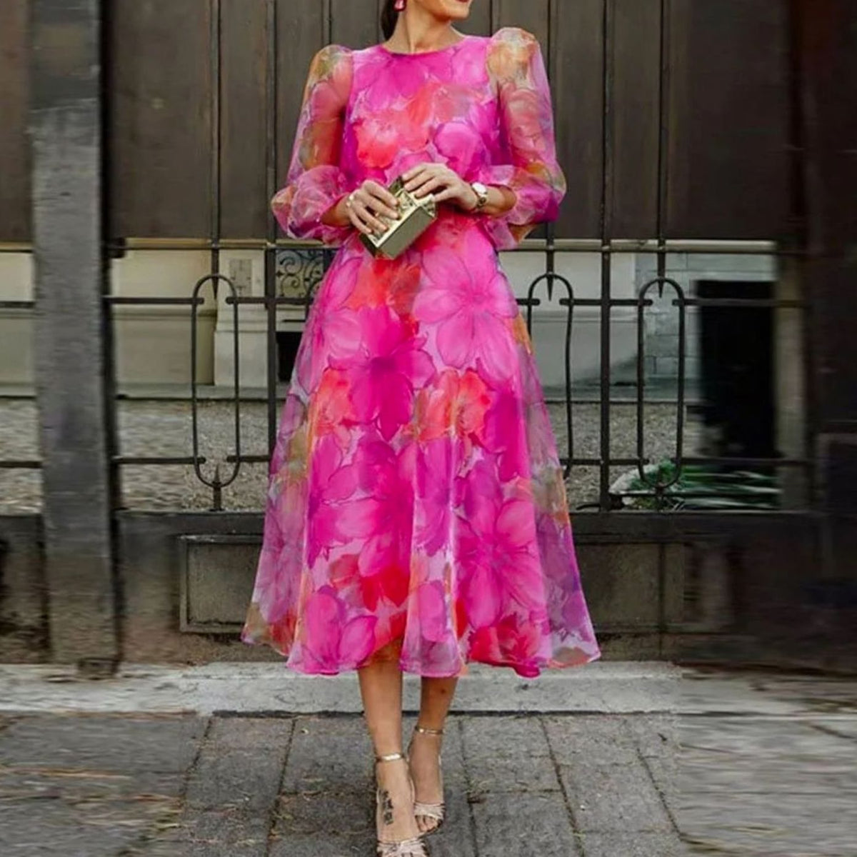 Women's Floral Long-Sleeve Midi Wedding Guest Dress