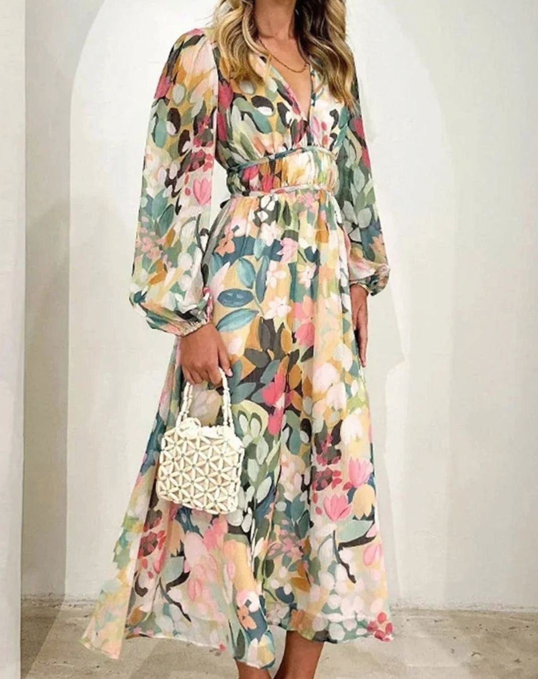 Women's Floral Long-Sleeve V-Neck Fitted-Waist Maxi Dress