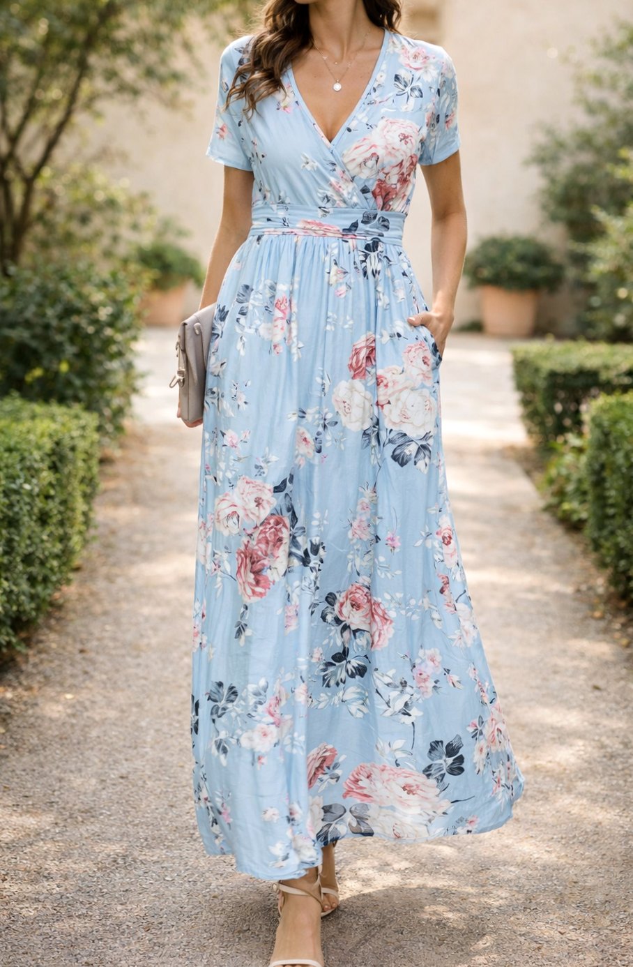 Women's Floral Long-Sleeve V-Neck Fitted-Waist Maxi Dress