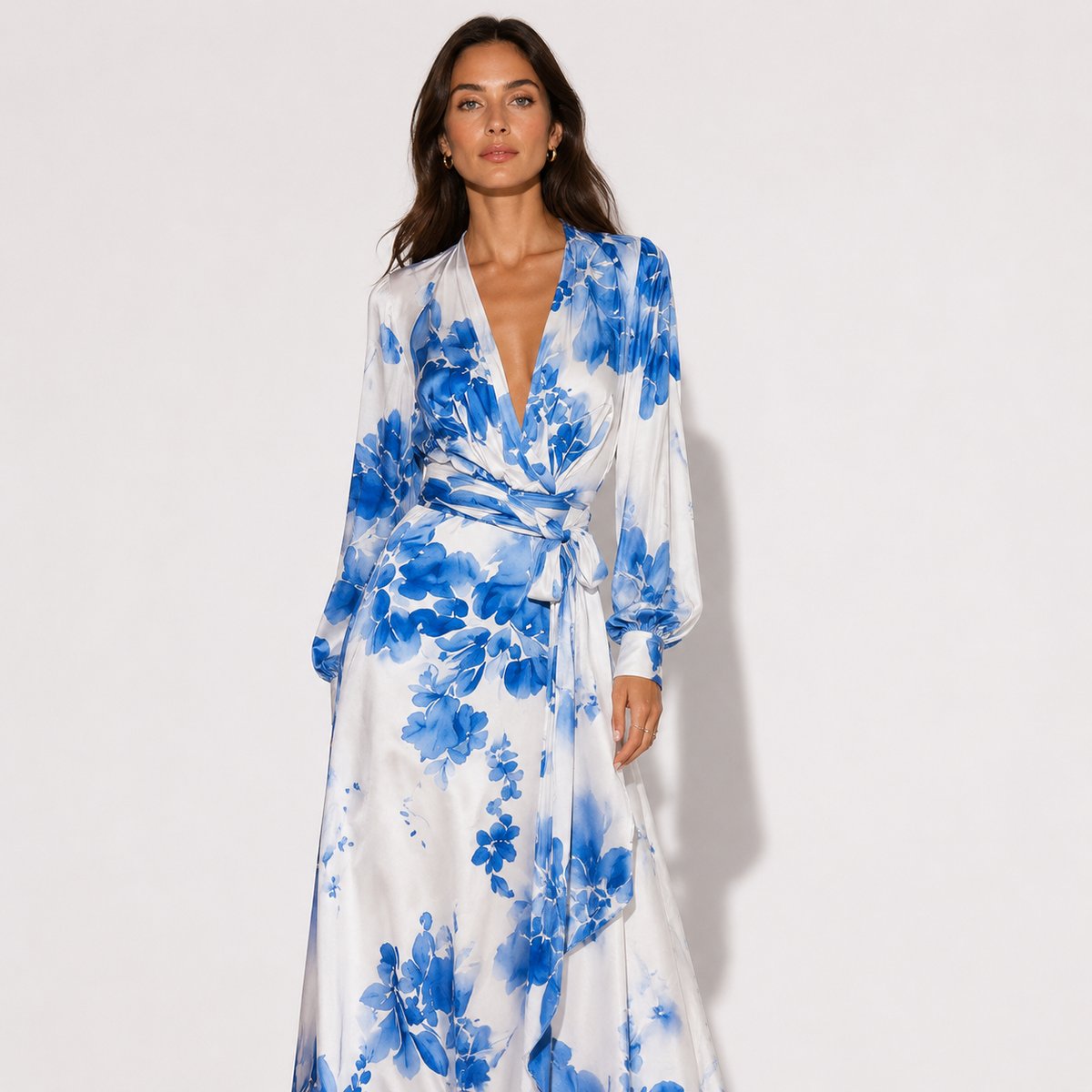 Women's Floral Long-Sleeve Wrap Summer Dress Maxi Satin - Blue