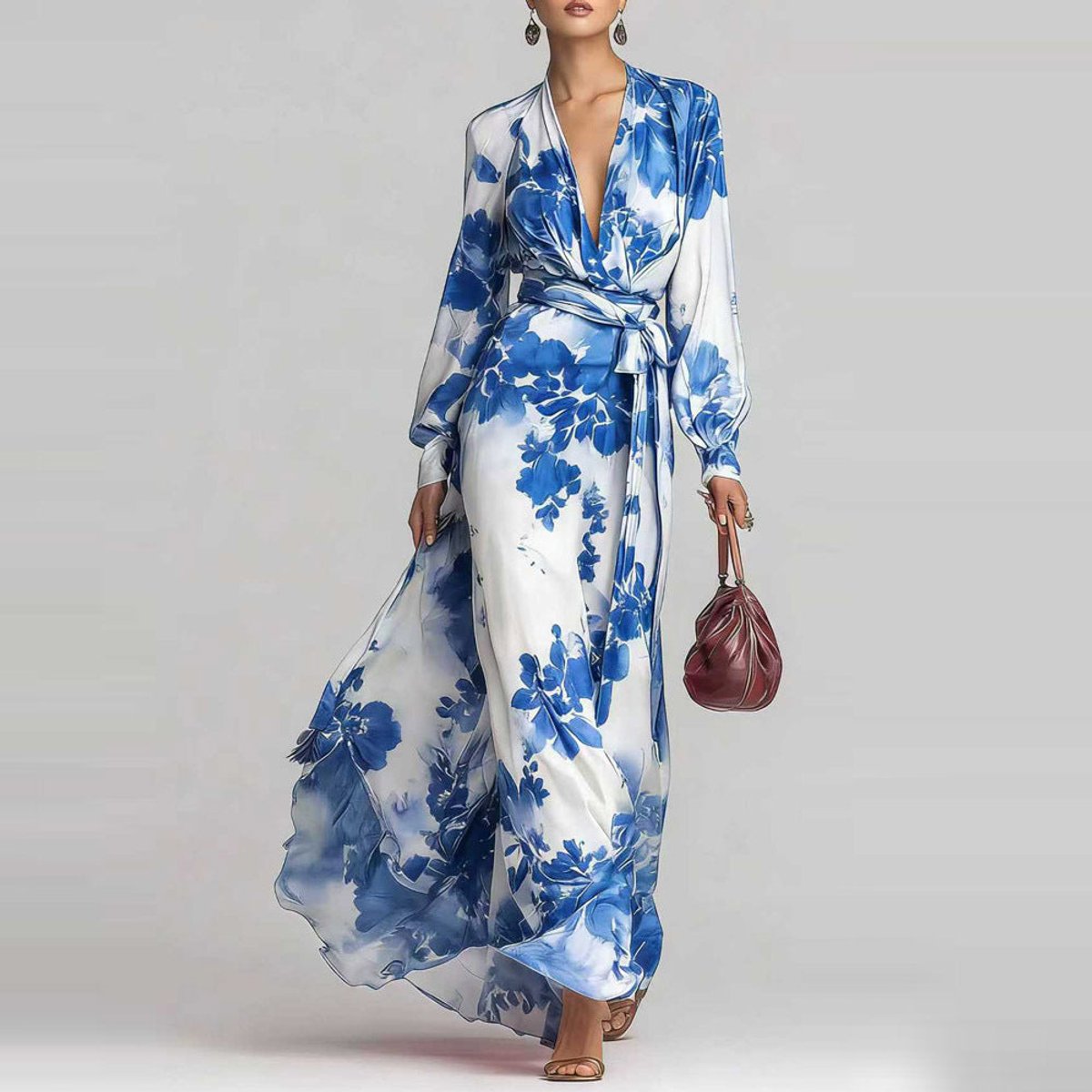 Women's Floral Long-Sleeve Wrap Summer Dress Maxi Satin