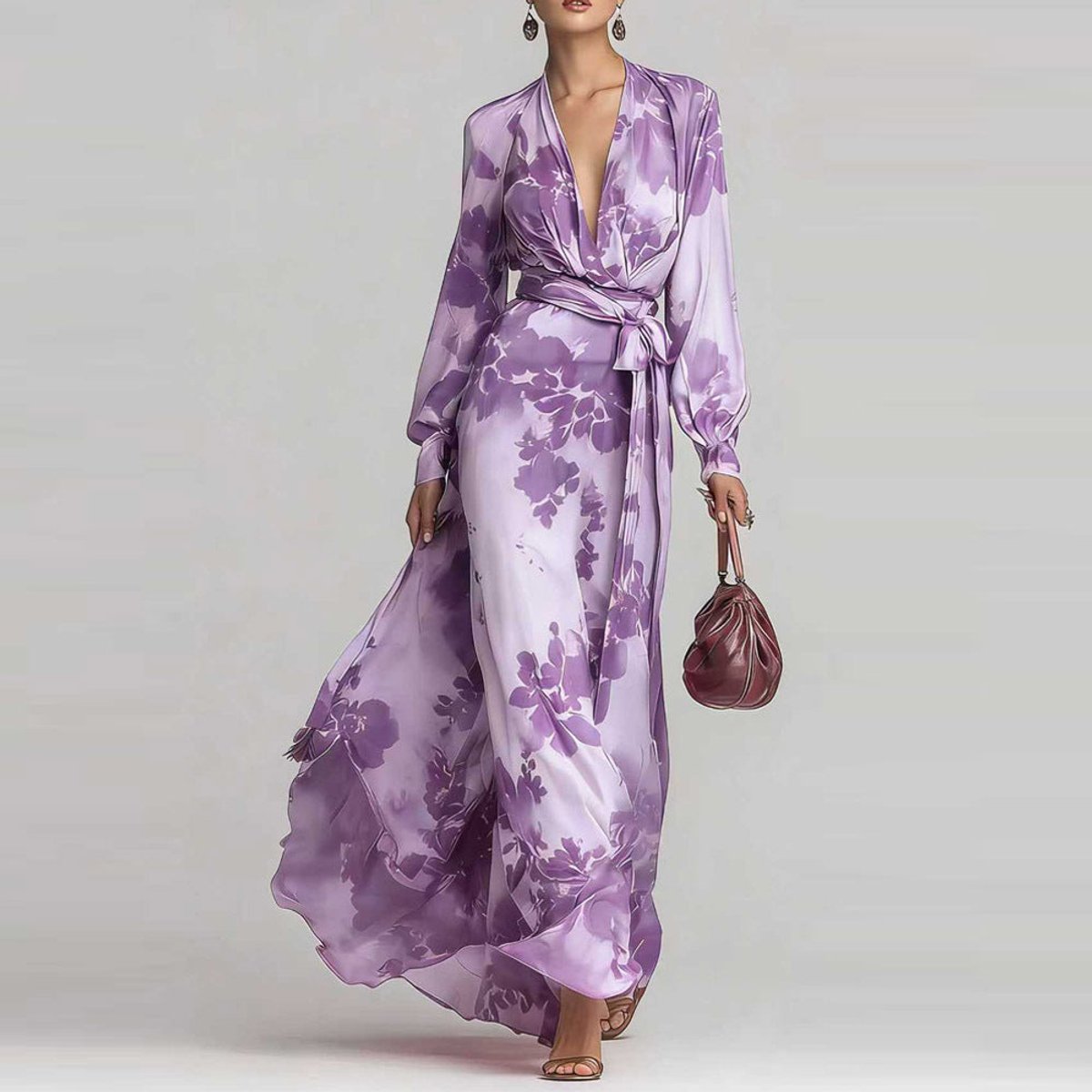 Women's Floral Long-Sleeve Wrap Summer Dress Maxi Satin