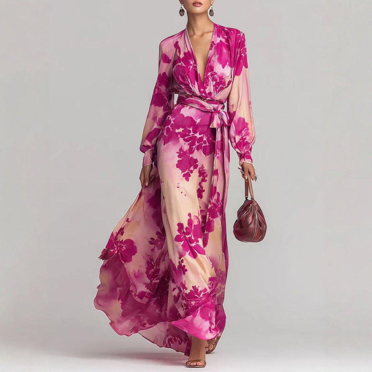 Women's Floral Long-Sleeve Wrap Summer Dress Maxi Satin - Pink