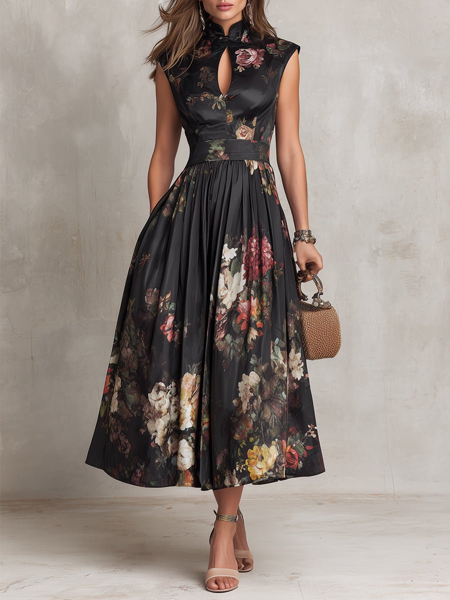 Women's Floral Mandarin-Collar A-Line Midi Formal Dress - Black