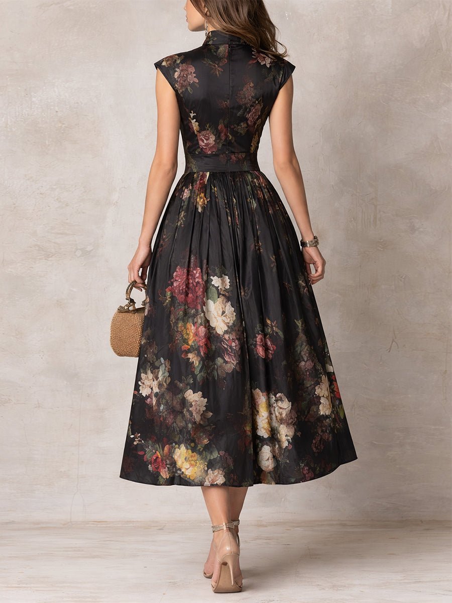 Women's Floral Mandarin-Collar A-Line Midi Formal Dress
