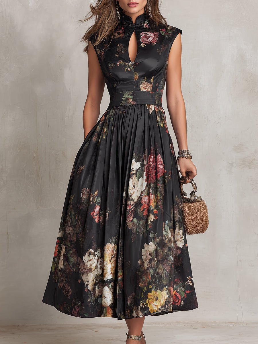 Women's Floral Mandarin-Collar A-Line Midi Formal Dress