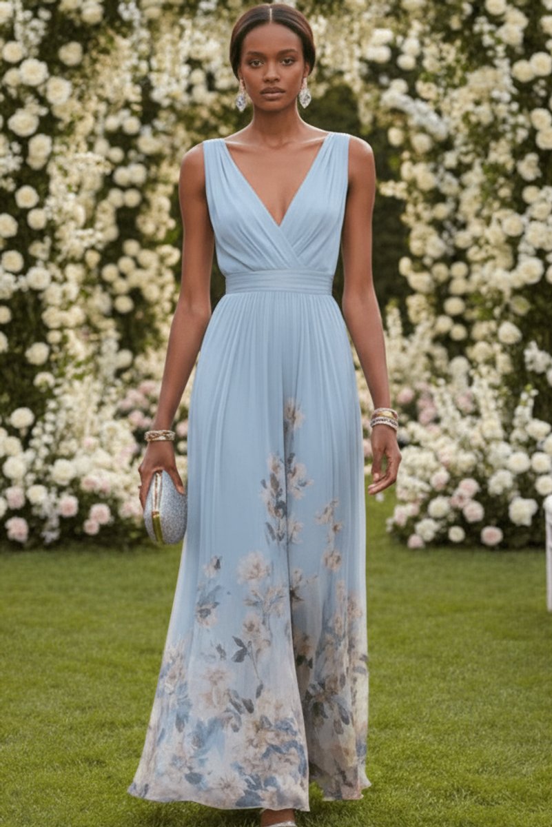 Women's Floral Maxi Cocktail Dress V-Neck Sleeveless Chiffon