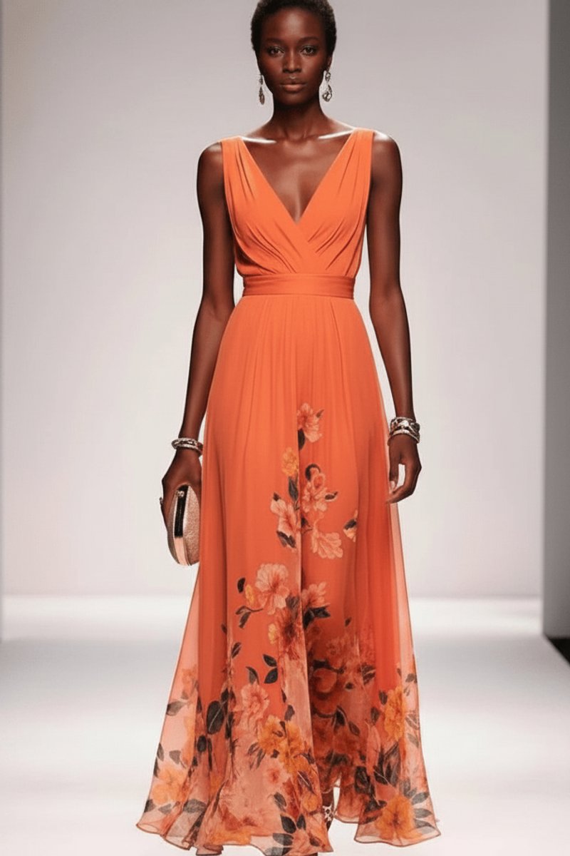Women's Floral Maxi Cocktail Dress V-Neck Sleeveless Chiffon
