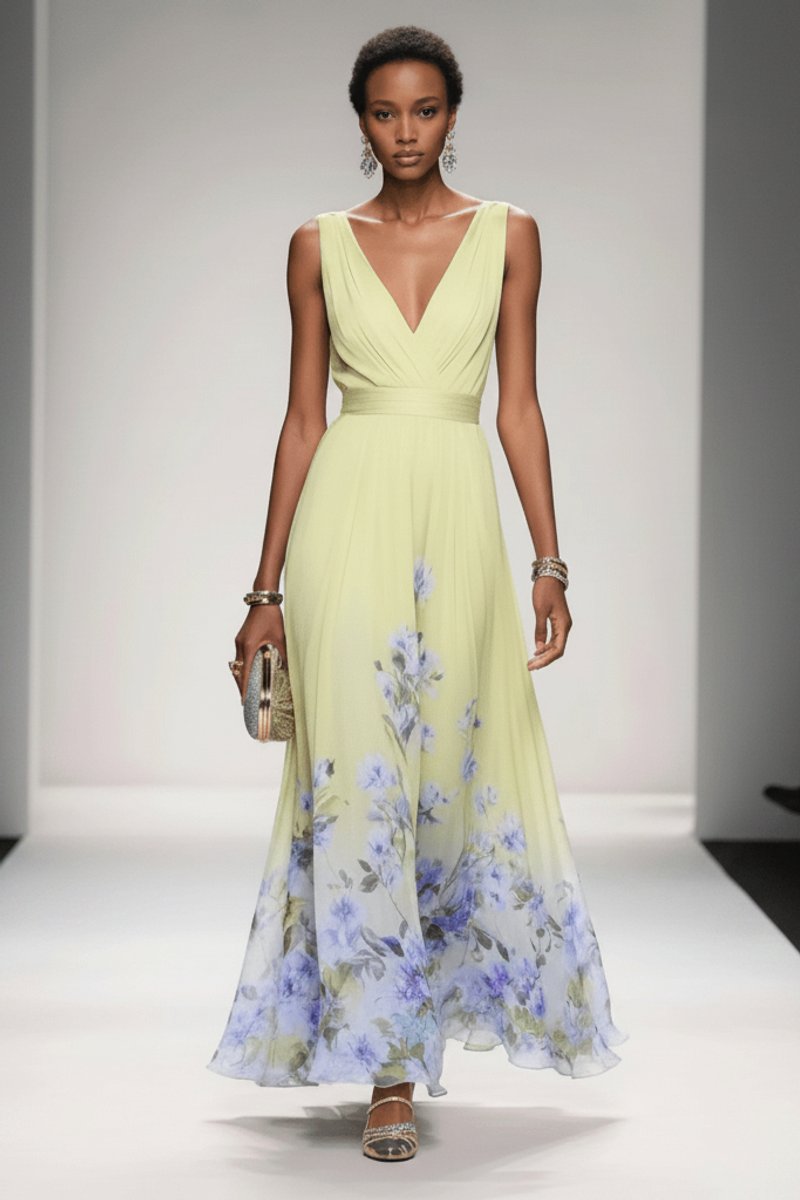 Women's Floral Maxi Cocktail Dress V-Neck Sleeveless Chiffon