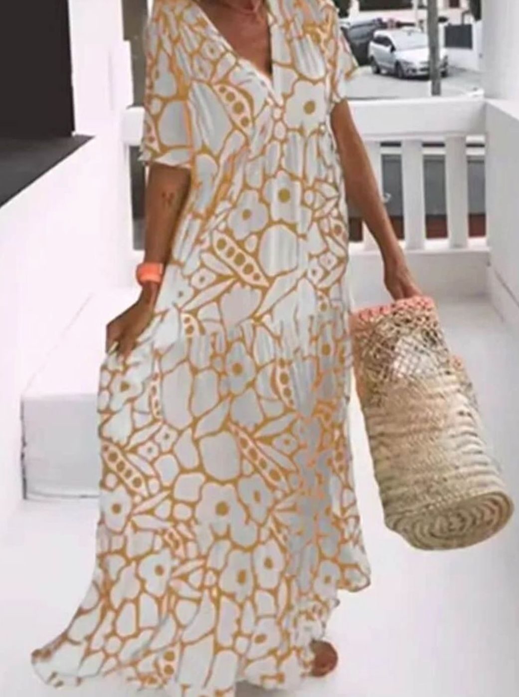 Women's Floral Maxi Dress Boho V-Neck Short Sleeve Summer - Yellow
