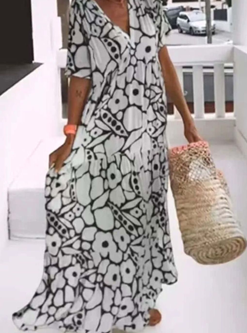 Women's Floral Maxi Dress Boho V-Neck Short Sleeve Summer - Black