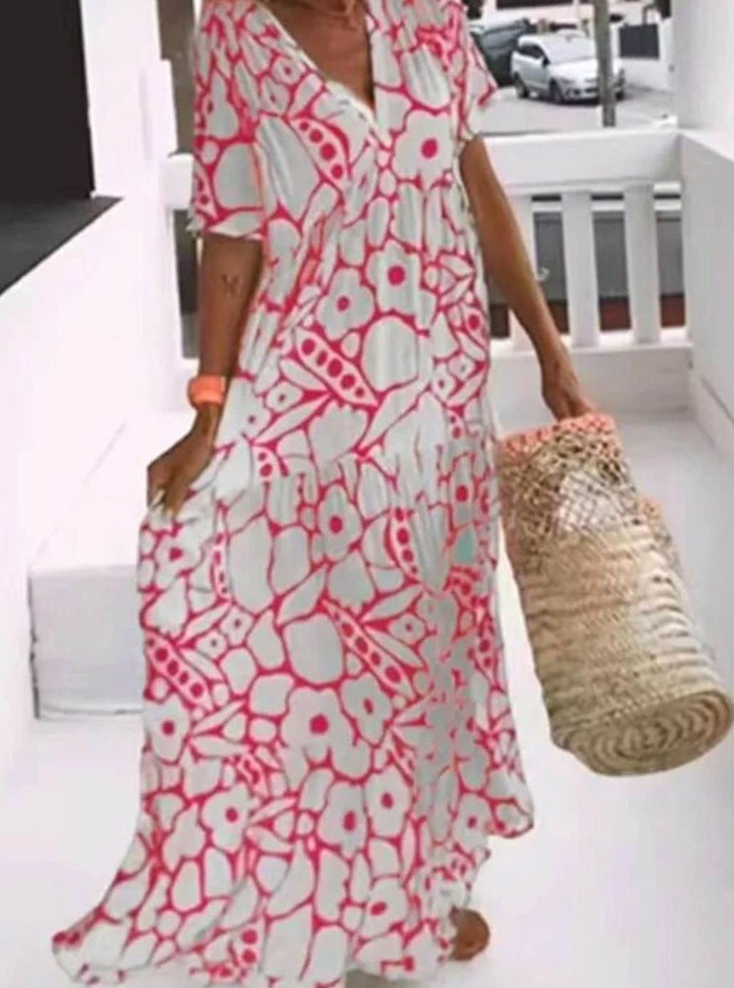 Women's Floral Maxi Dress Boho V-Neck Short Sleeve Summer - Pink