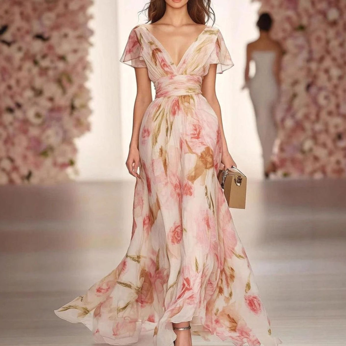 Women's Floral Maxi Dress Flutter Sleeve Deep V-Neck A-Line Gown - Pink