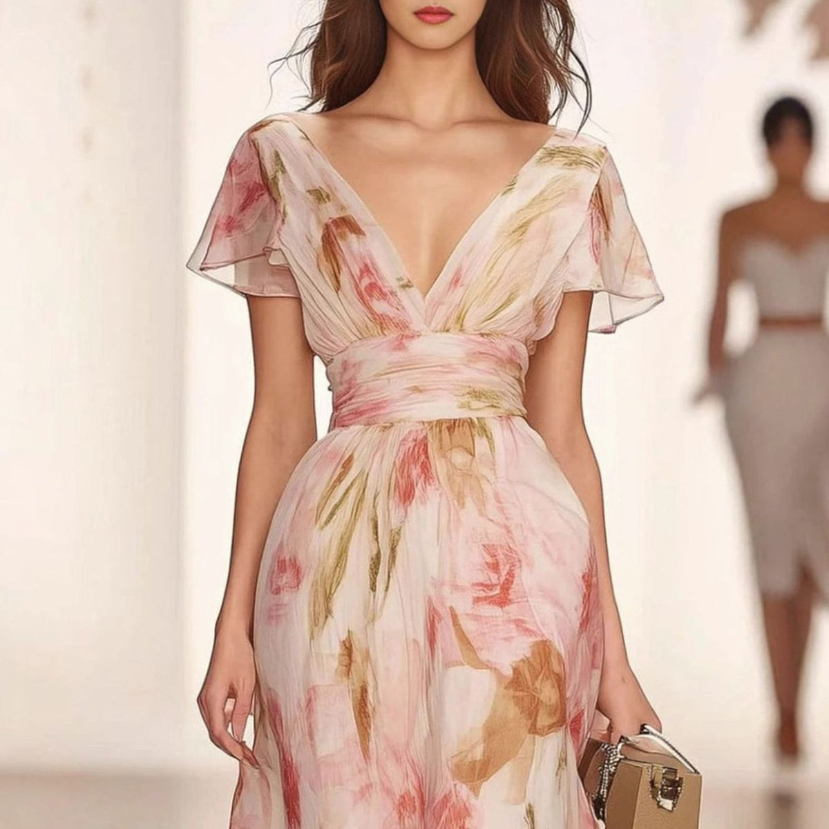 Women's Floral Maxi Dress Flutter Sleeve Deep V-Neck A-Line Gown