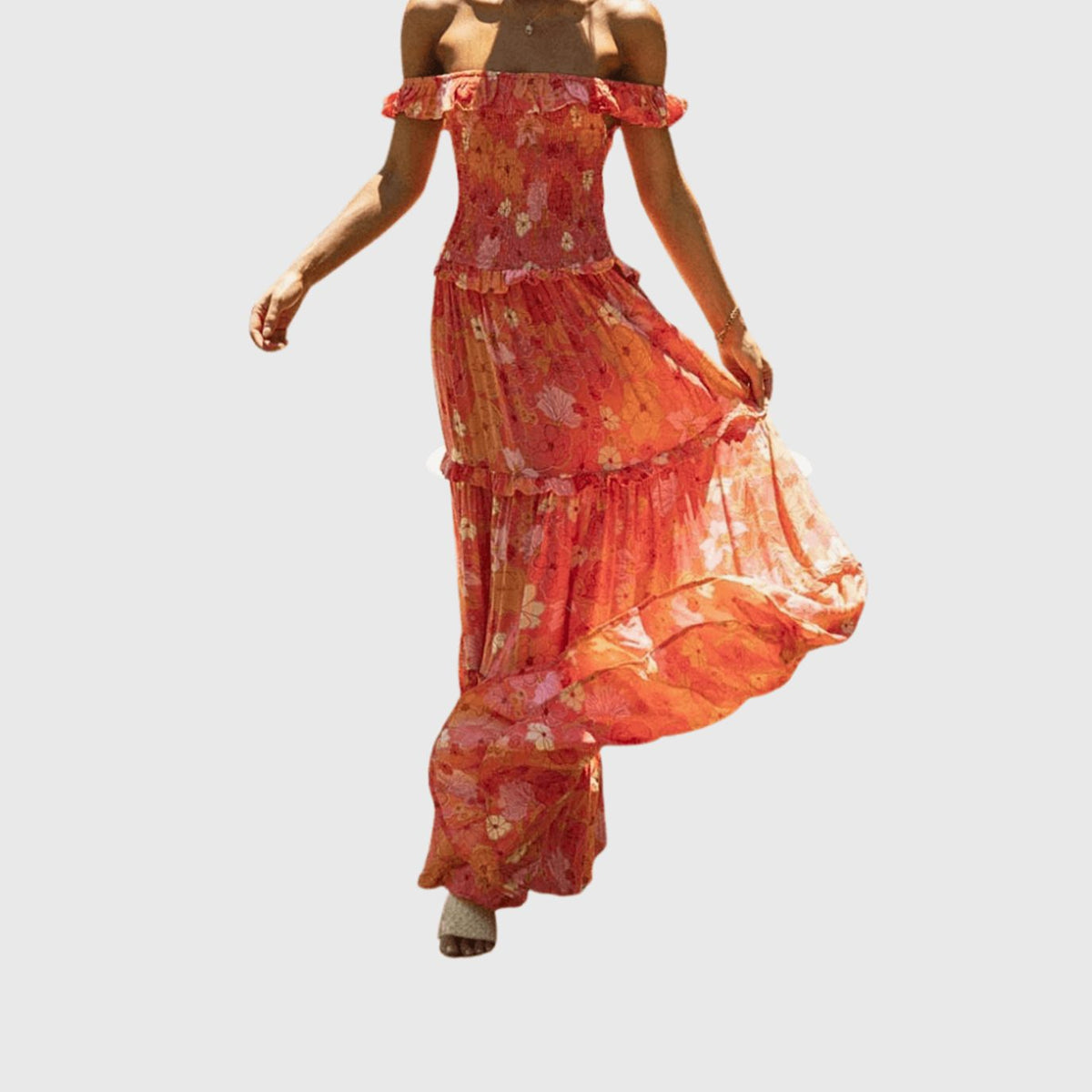 Women's Floral Maxi Dress Off-Shoulder Tiered Flowy Sundress - Orange