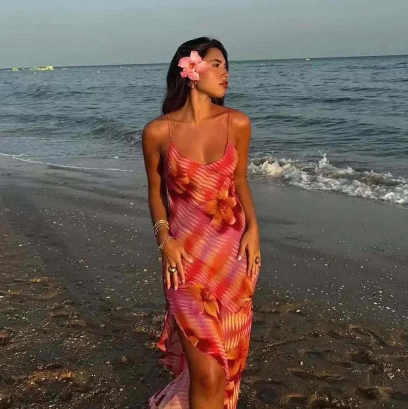 Women's Floral Maxi Dress Spaghetti-Strap Side-Slit Long Sundress