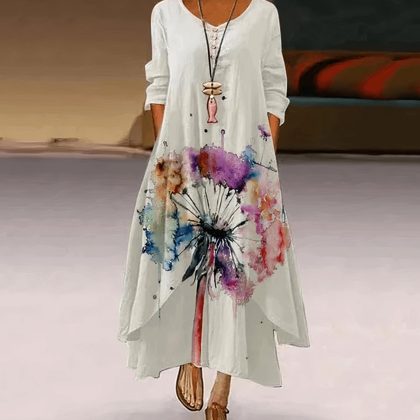Women's Floral Maxi Long-Sleeve Relaxed-Fit Casual Dress - Luxurious Spring