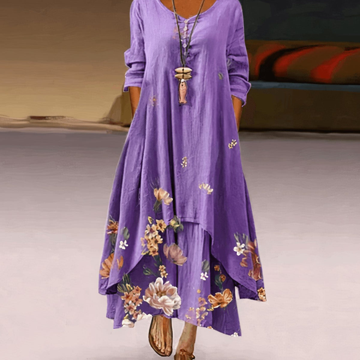 Women's Floral Maxi Long-Sleeve Relaxed-Fit Casual Dress - Lavender Field