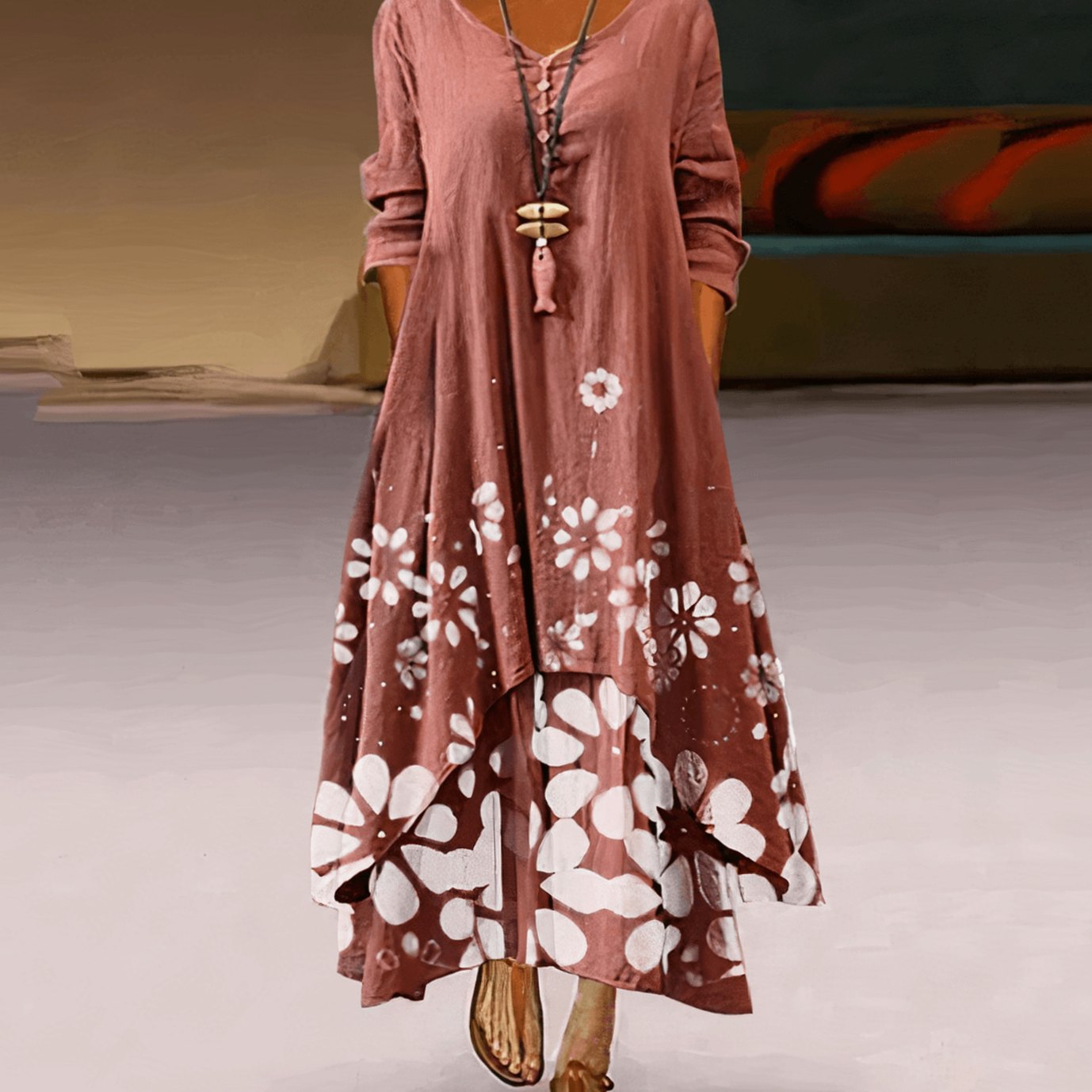 Women's Floral Maxi Long-Sleeve Relaxed-Fit Casual Dress - Suede Floral