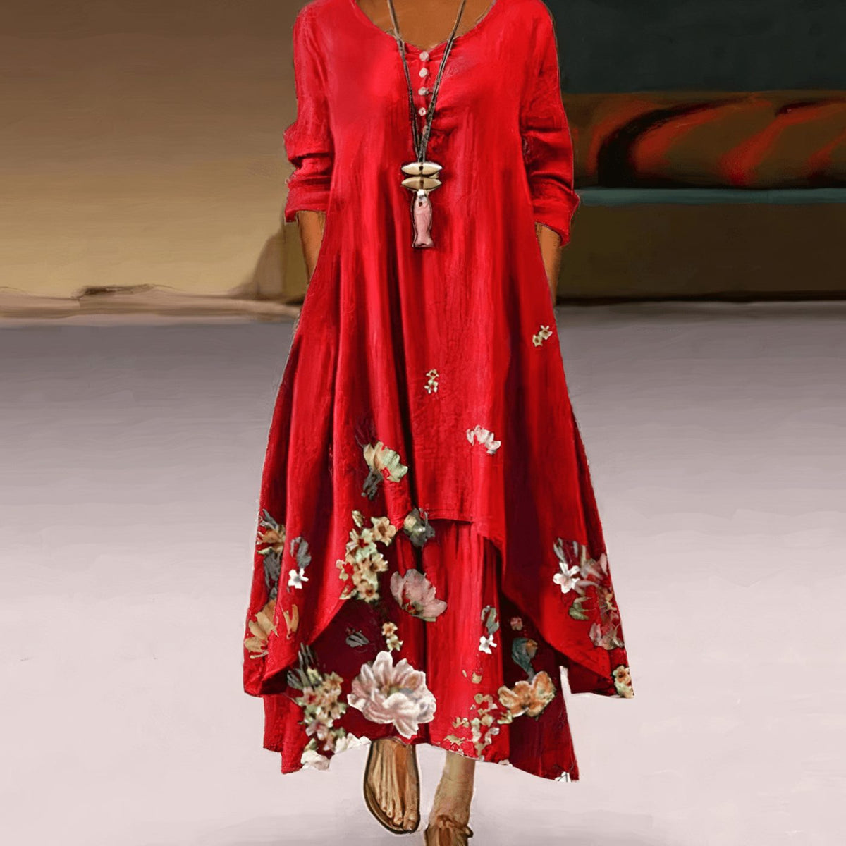 Women's Floral Maxi Long-Sleeve Relaxed-Fit Casual Dress - Red Floral