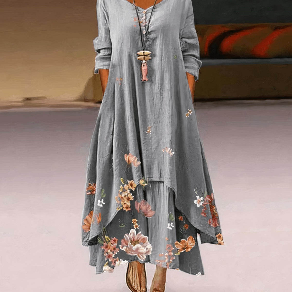 Women's Floral Maxi Long-Sleeve Relaxed-Fit Casual Dress - Slate Garden