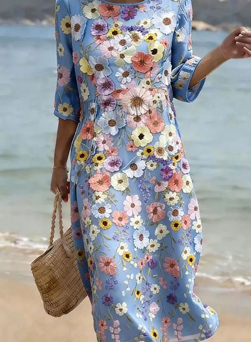 Women's Floral Midi Wedding Guest Dress Round Neck Half Sleeve - Multicolor