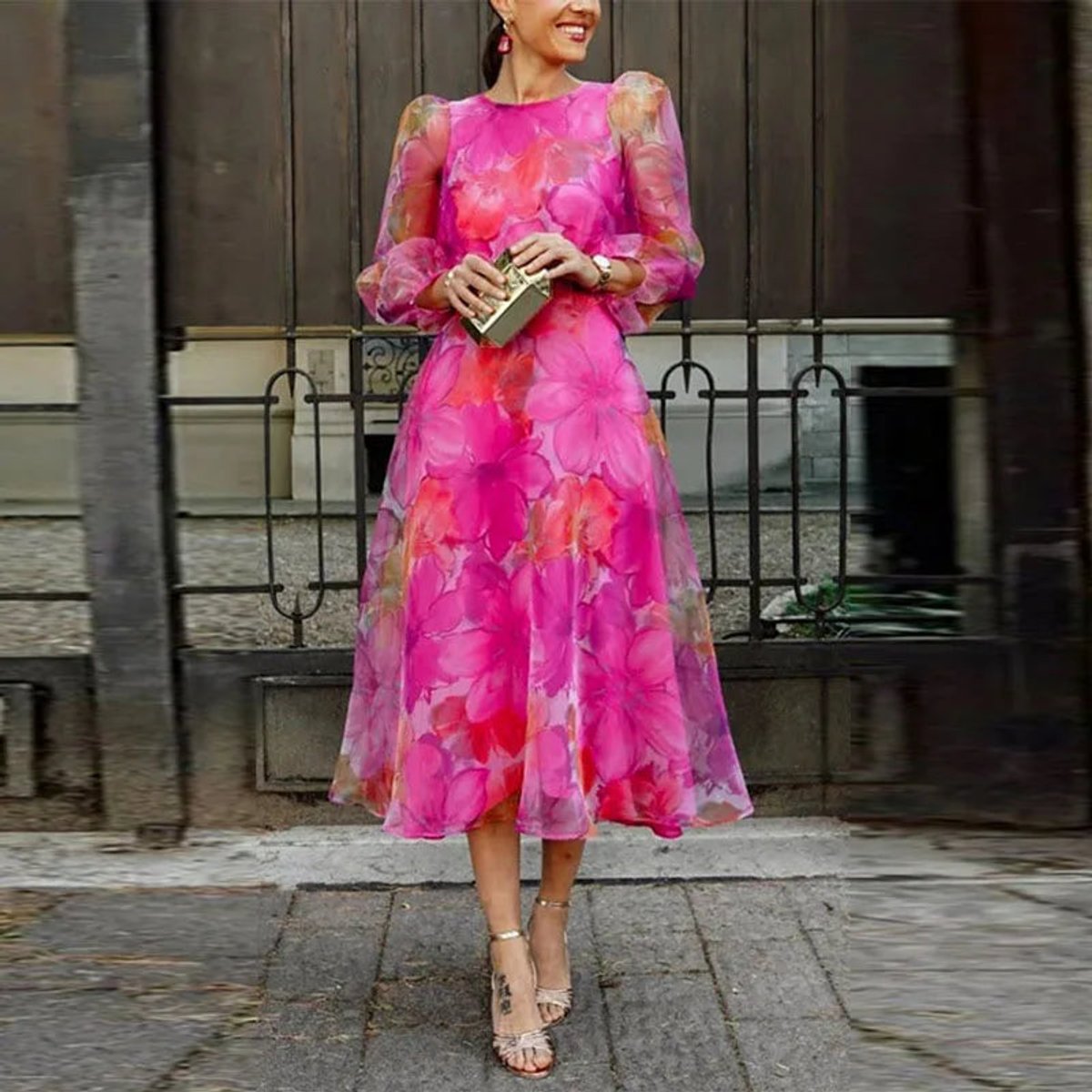 Women's Floral Midi Wedding Guest Dress Sheer Long Sleeve - Pink