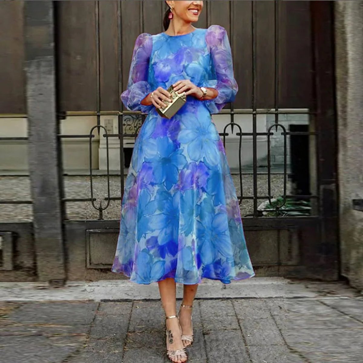 Women's Floral Midi Wedding Guest Dress Sheer Long Sleeve - Blue