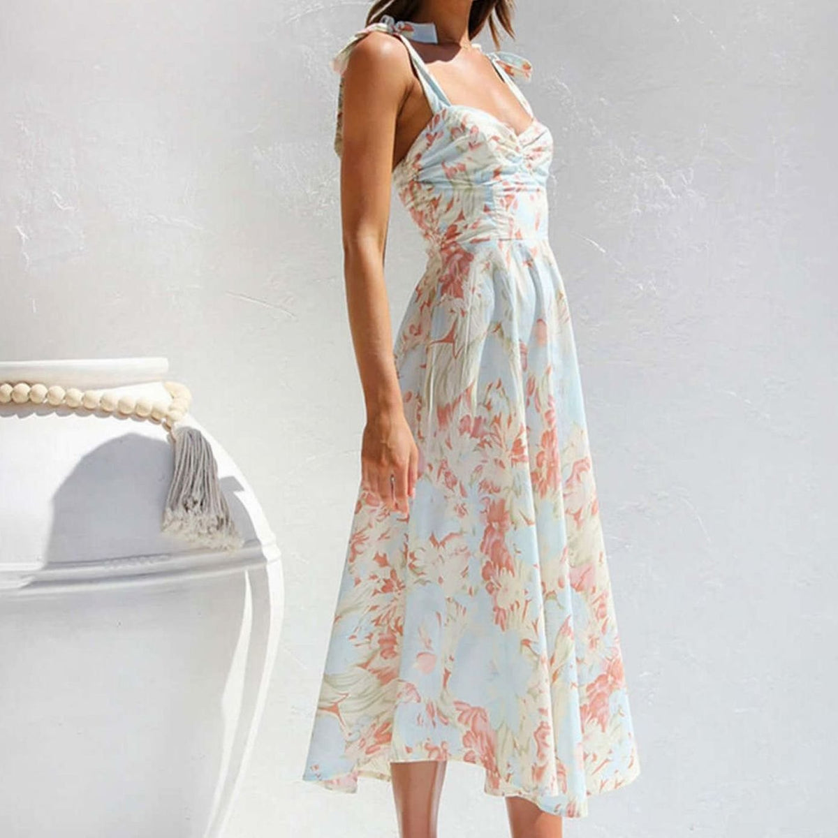 Women's Floral Midi Wedding Guest Dress Tie-Shoulder A-Line, Light Blue