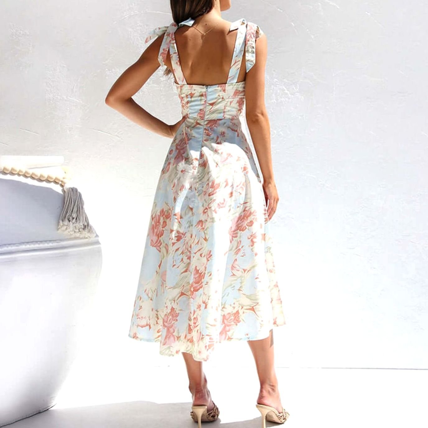 Women's Floral Midi Wedding Guest Dress Tie-Shoulder A-Line, Light Blue